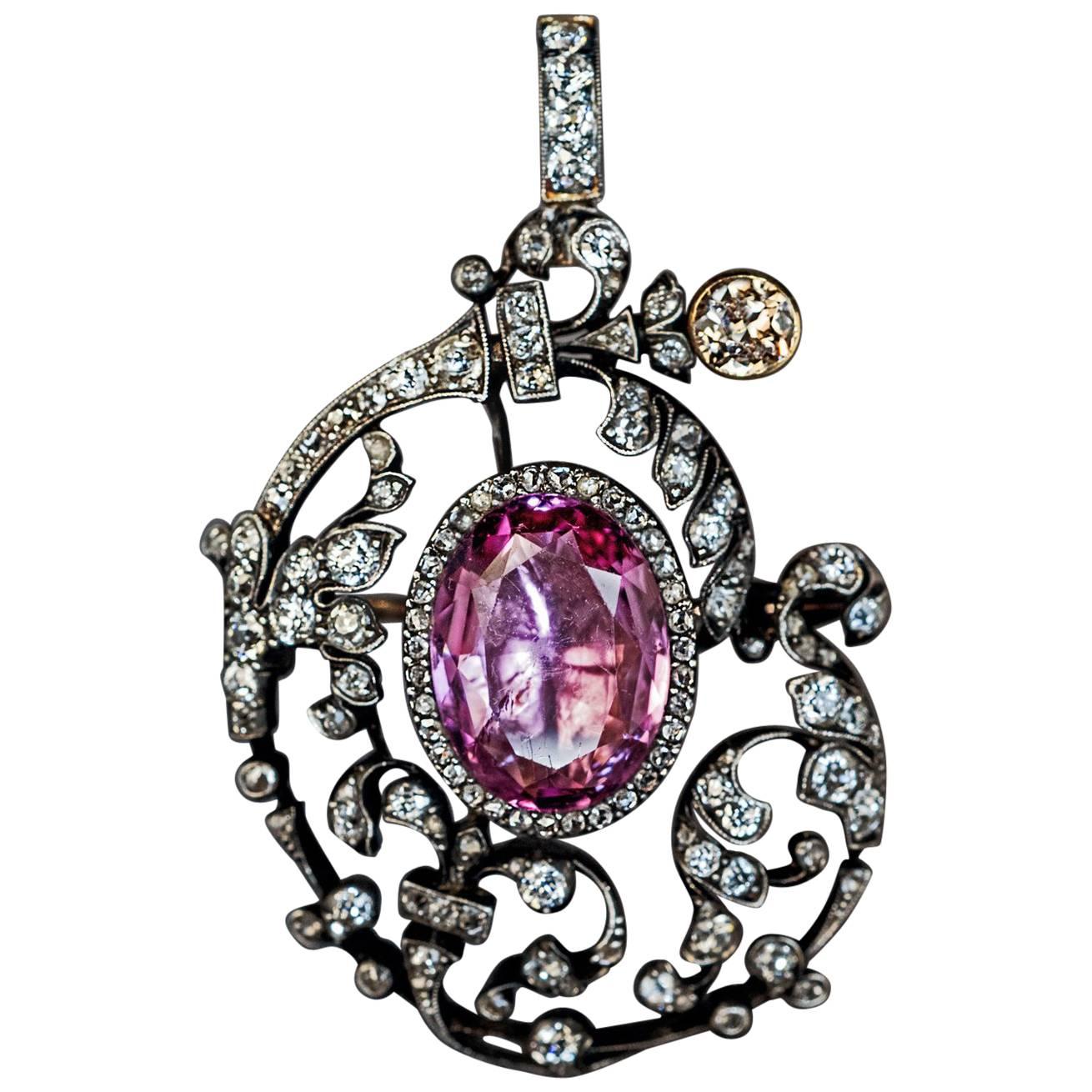 Antique 19th Century Tourmaline Diamond Pendant Brooch