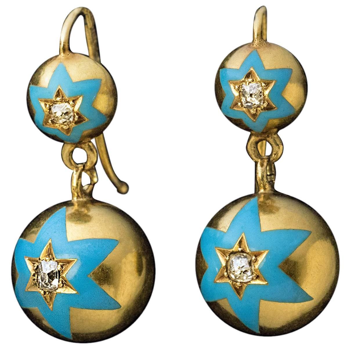 Antique Russian Gold Blue Enamel Diamond Drop Earrings For Sale