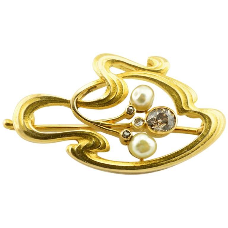 Russian Imperial Art Nouveau Gold White and Brown Diamond and Pearl Brooch