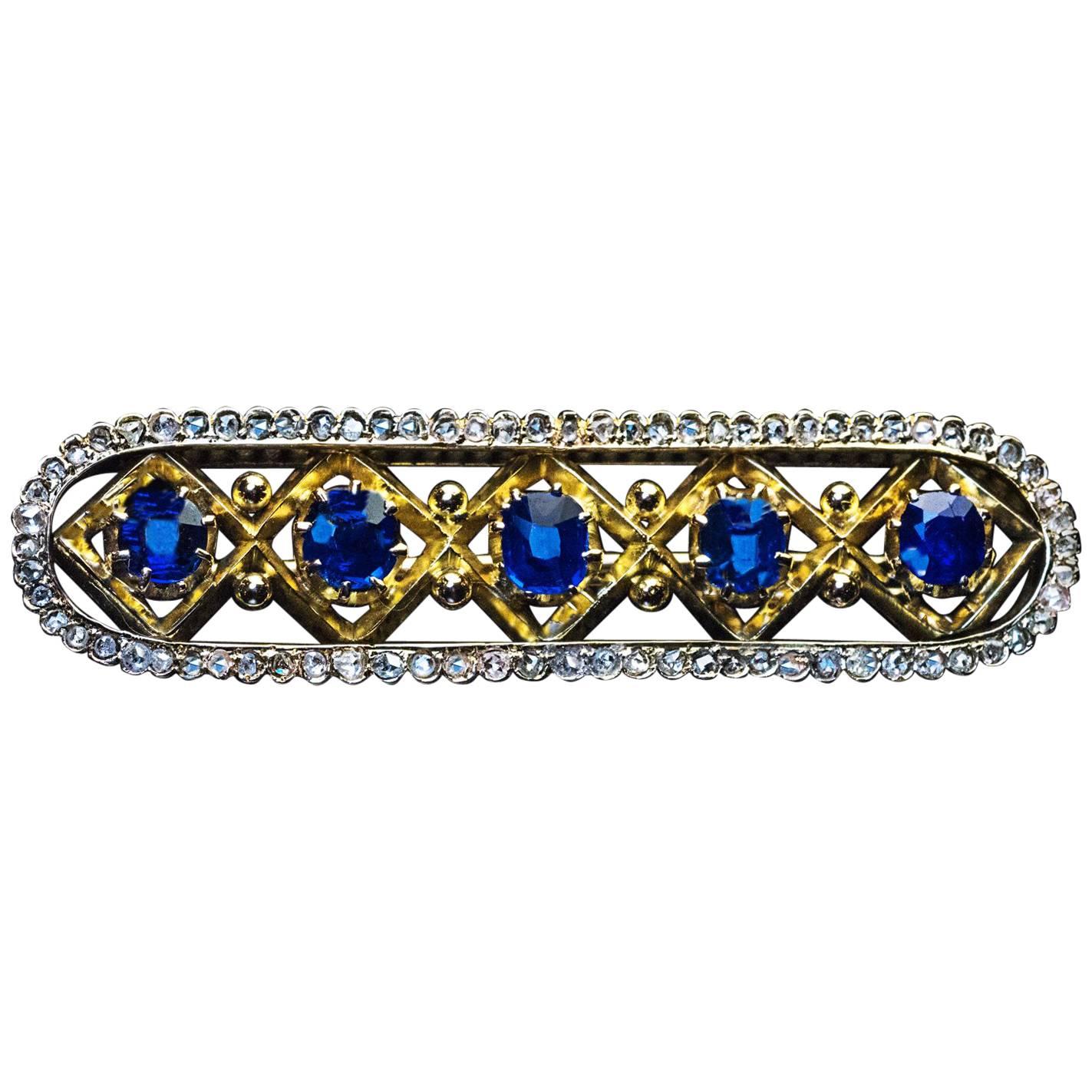 Antique Late 19th Century Sapphire Diamond Brooch For Sale