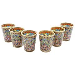 Set of Six Russian Silver and Plique-à-Jour Enamel Toasting or Shot Glasses