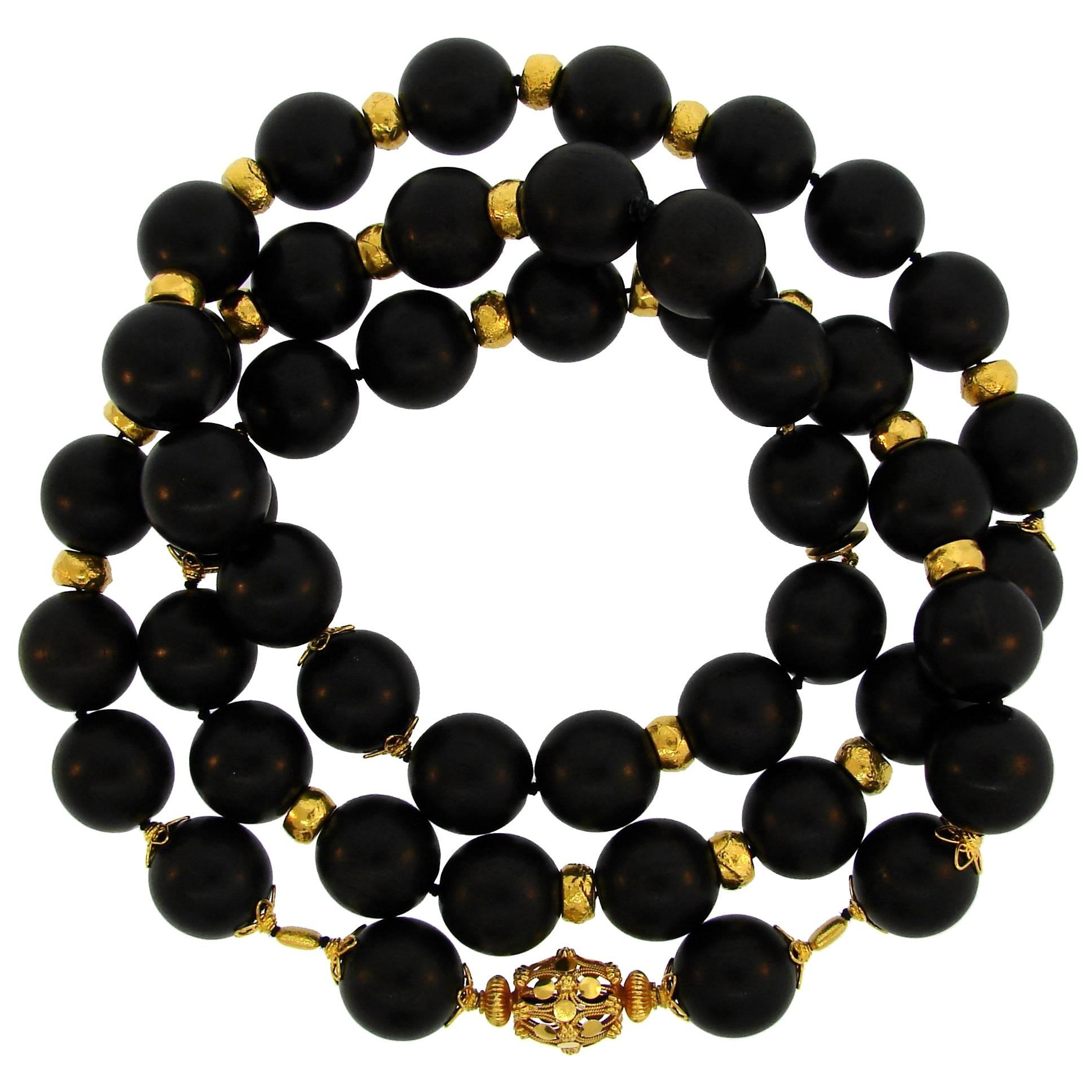 Verdura Ebony Wood Bead Strand Necklace with Yellow Gold Clasp and Rondelles