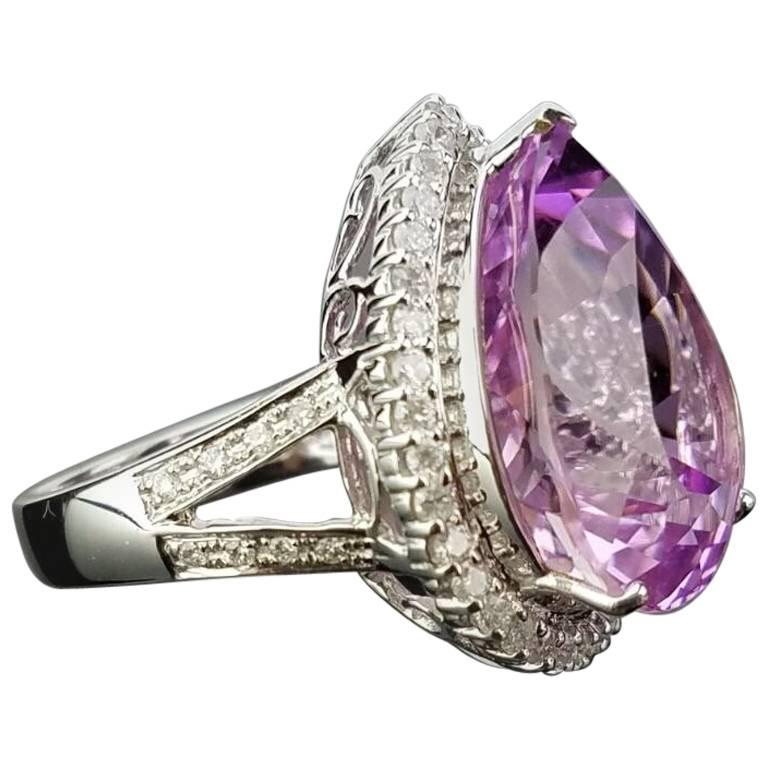 15.23 Carat Pear Shape Kunzite and Diamond Cocktail Ring For Sale