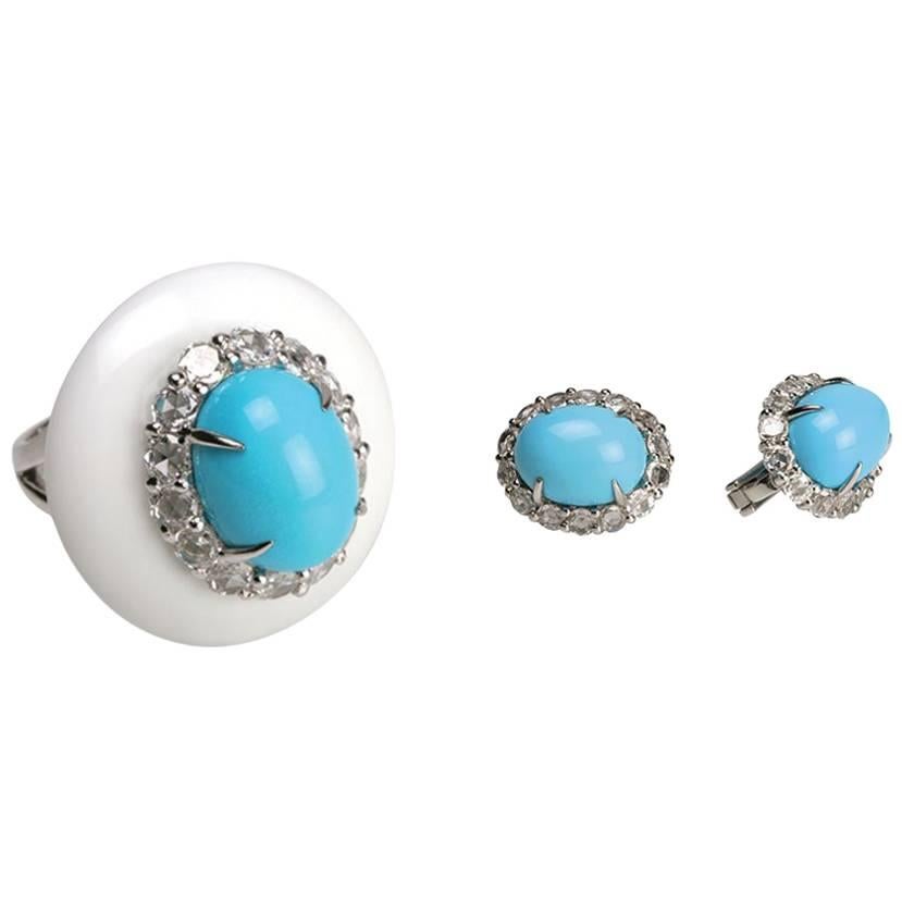 Youmna Fine Jewellery 18K White Gold, Turquoise, Diamonds Ring & Earrings Suite For Sale