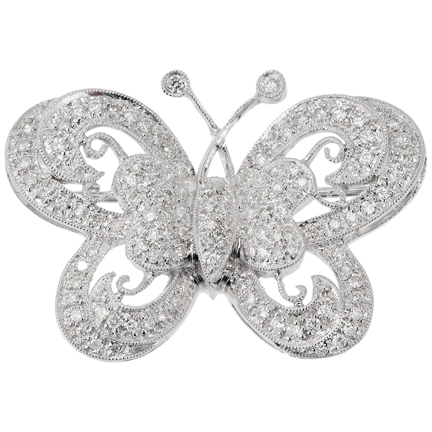 1.00 Carat Pave Diamond Gold Butterfly Brooche For Sale