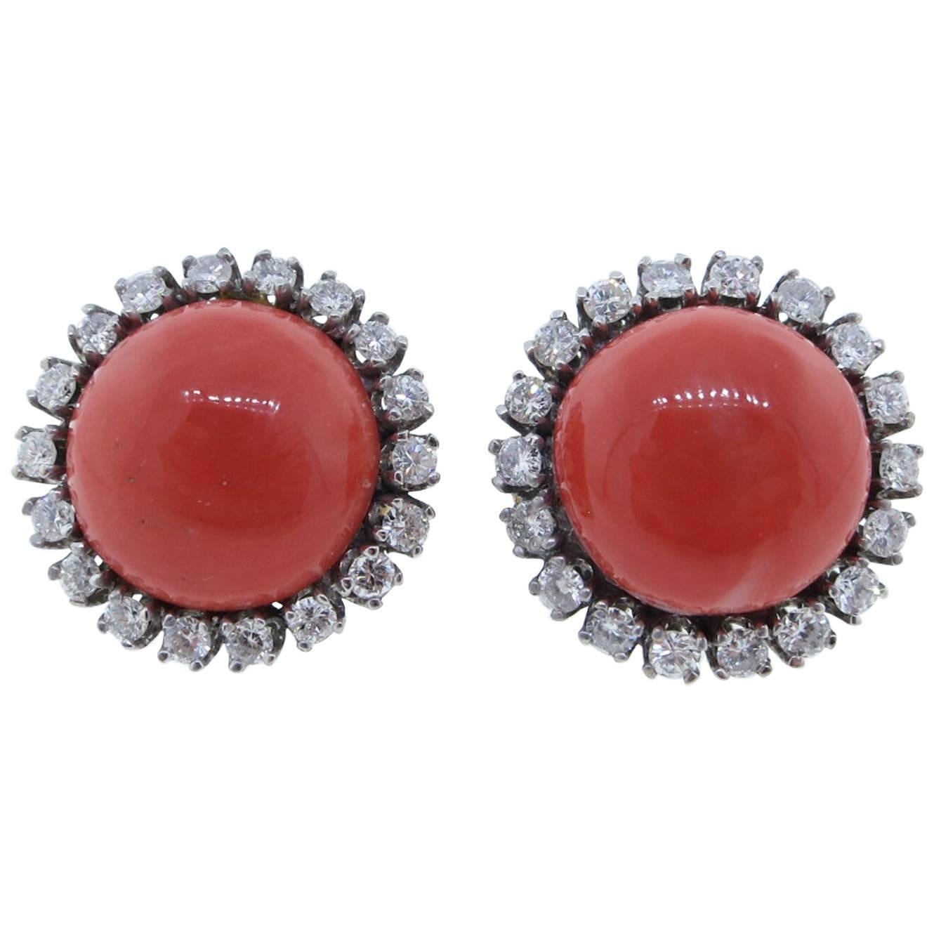 1960s  Natural Coral Button Diamond Earrings  For Sale