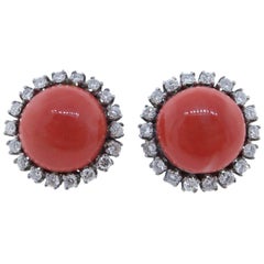 1960s  Natural Coral Button Diamond Earrings 