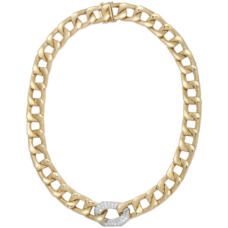 Gold Flat Curb Chain with Diamond Pave Centre Link at 1stDibs