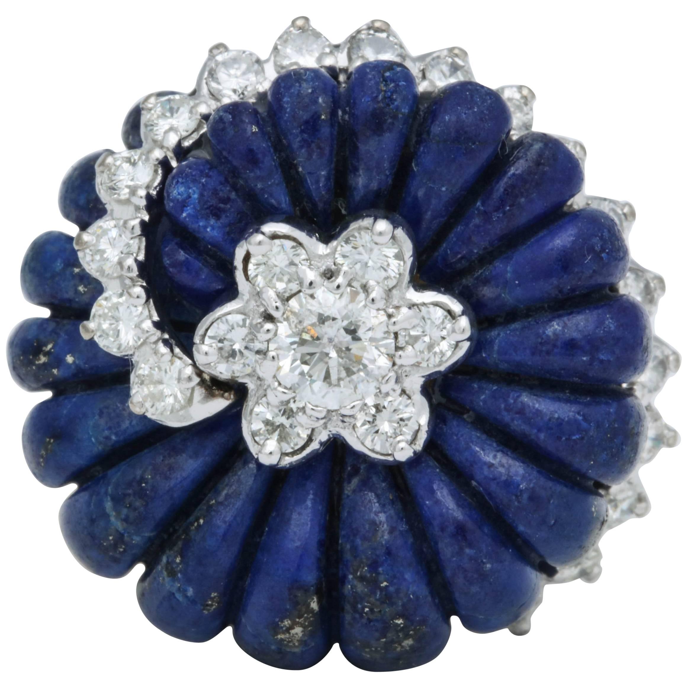 Carved Lapis and Diamond Ring For Sale