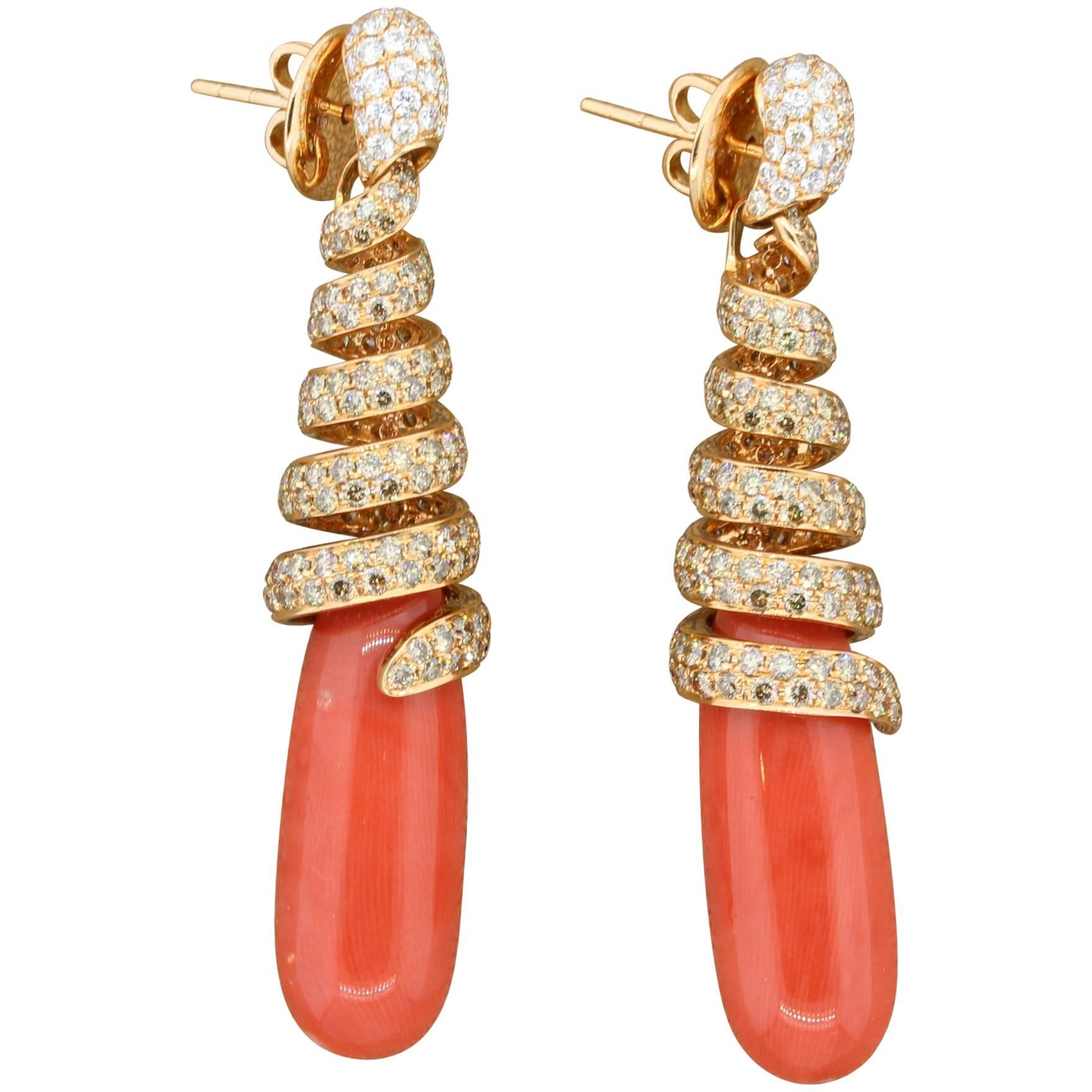 Diamond Coral Twist Gold Drop Earrings