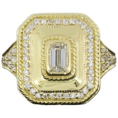 Penny Preville .69 Carat Emerald Cut Diamond 18 Karat Yellow Gold Halo Ring