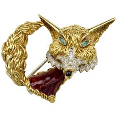 Fox Brooch Diamond Enamel Emerald 18K Gold Italy 1970
