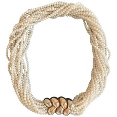 Retro Poiray Multi Strand Akoya Pearl Necklace Gold Clasp