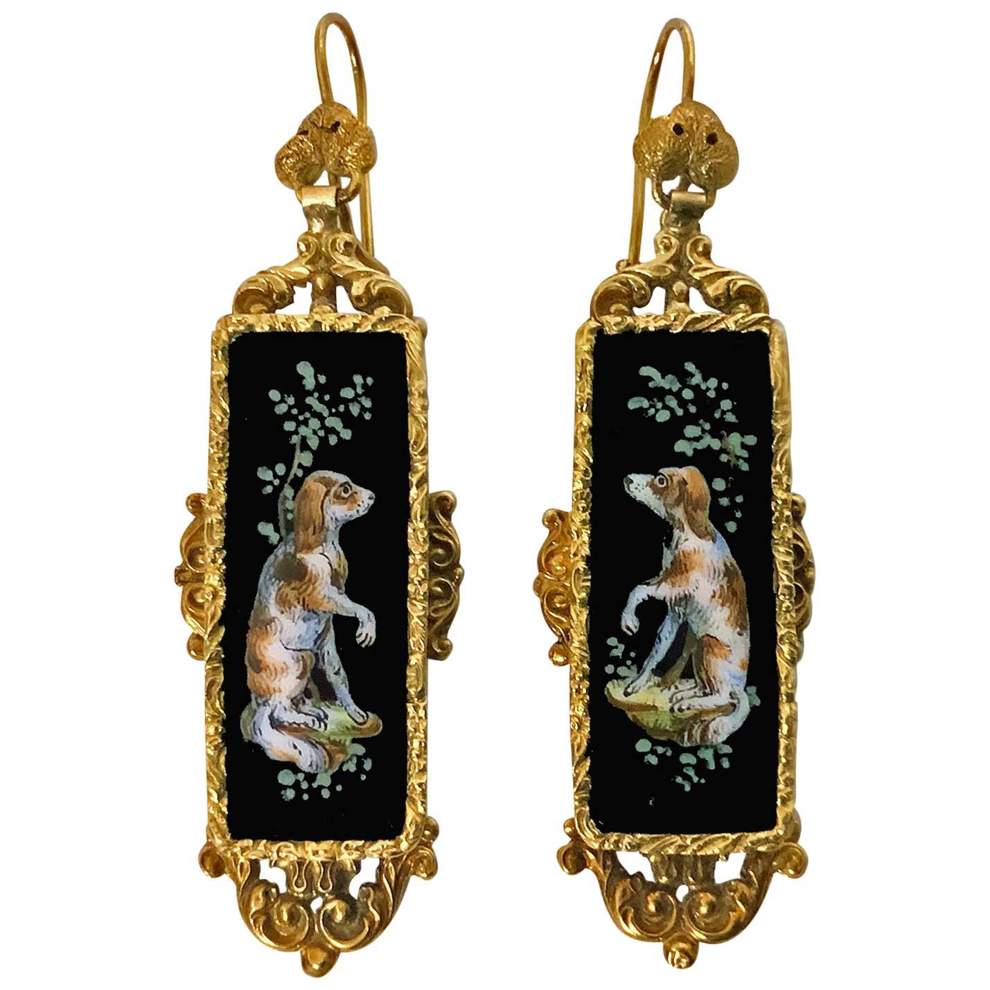  Antique Victorian   Spaniel Enamel Gold Earrings