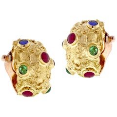 Van Cleef & Arpels Textured Gem Set Gold Hoop Earrings