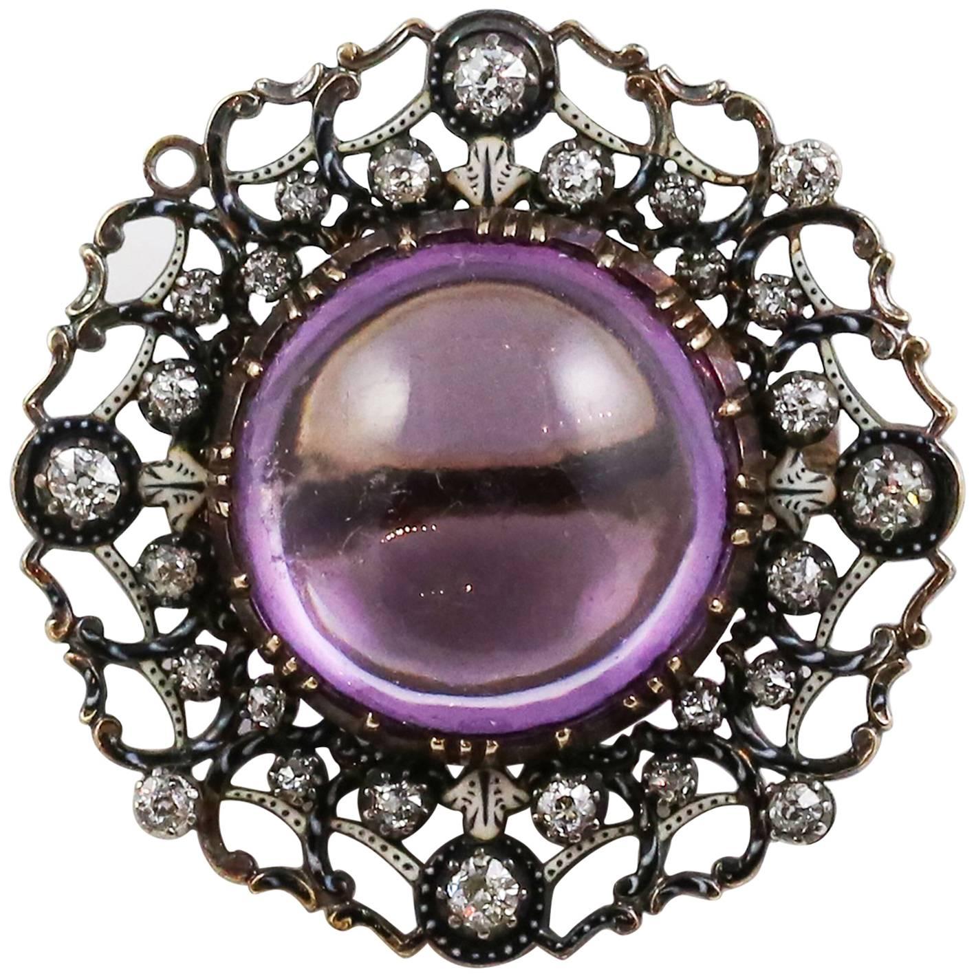 Georgian 18k Gold and Silver Amethyst and Diamond Brooch