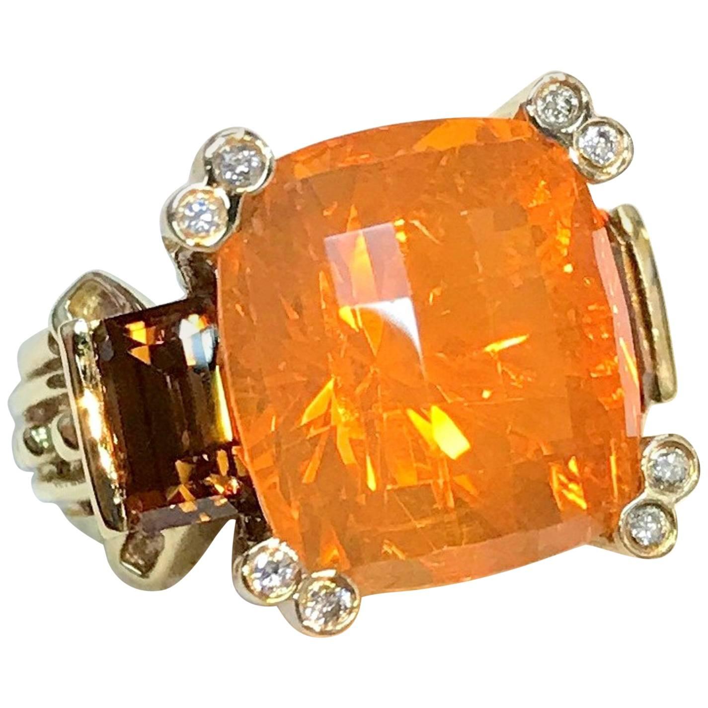 8 Carat Orange Mexican Fire Opal with Cognac Natural Zircon Byzantine Style Ring