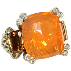 8 Carat Orange Mexican Fire Opal with Cognac Natural Zircon Byzantine Style Ring