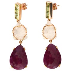 Princess Cut Ruby Quartz Peridot Gold Dangle Drop Earrings