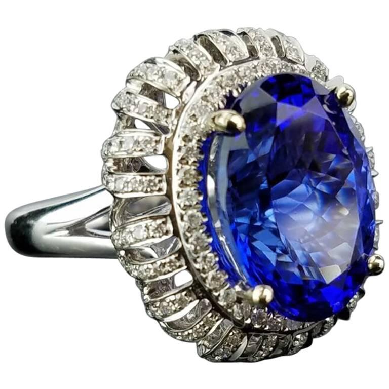 10.78 Carat Oval Tanzanite and White Diamond Cocktail Ring For Sale