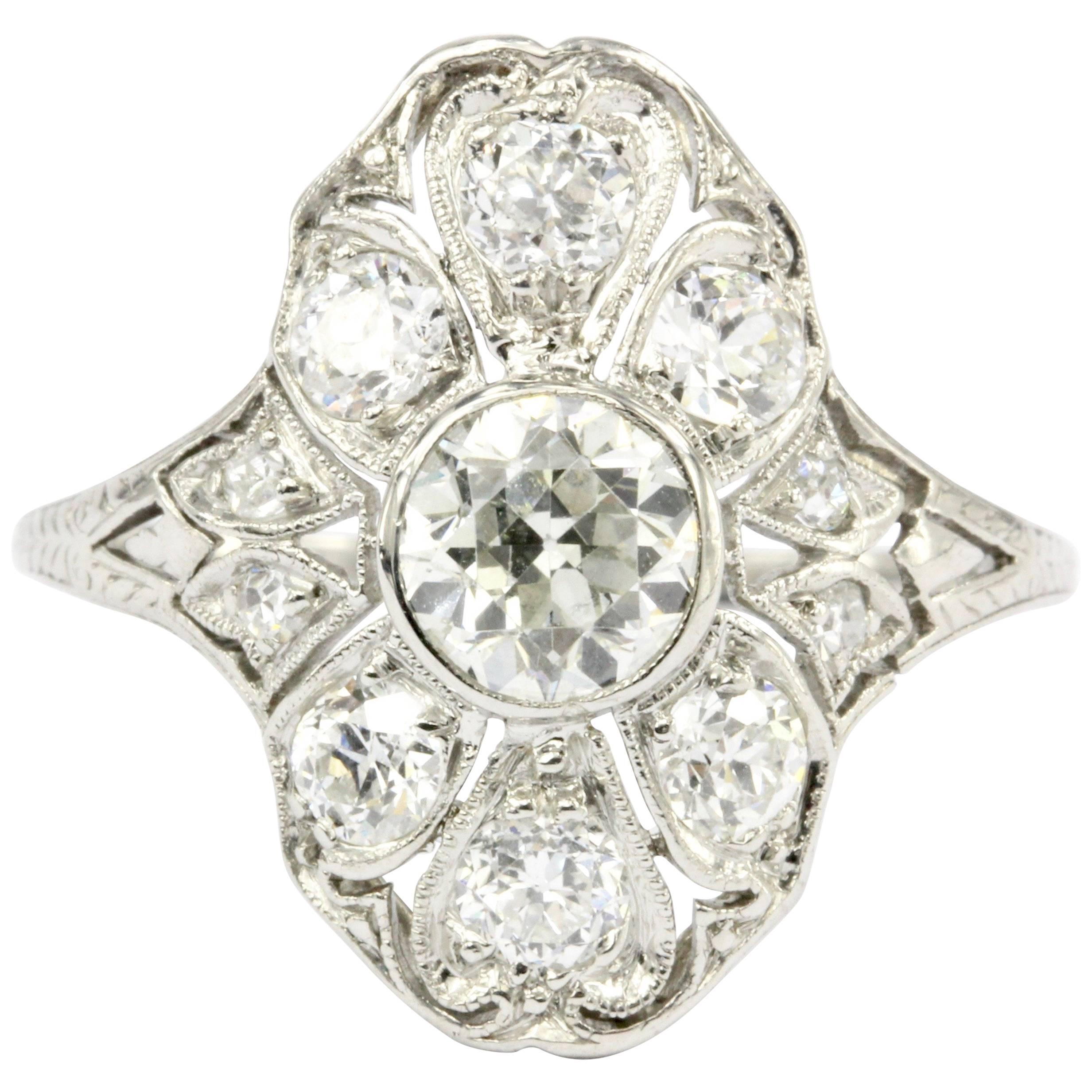 Art Deco Platinum Old European Diamond Shield Ring