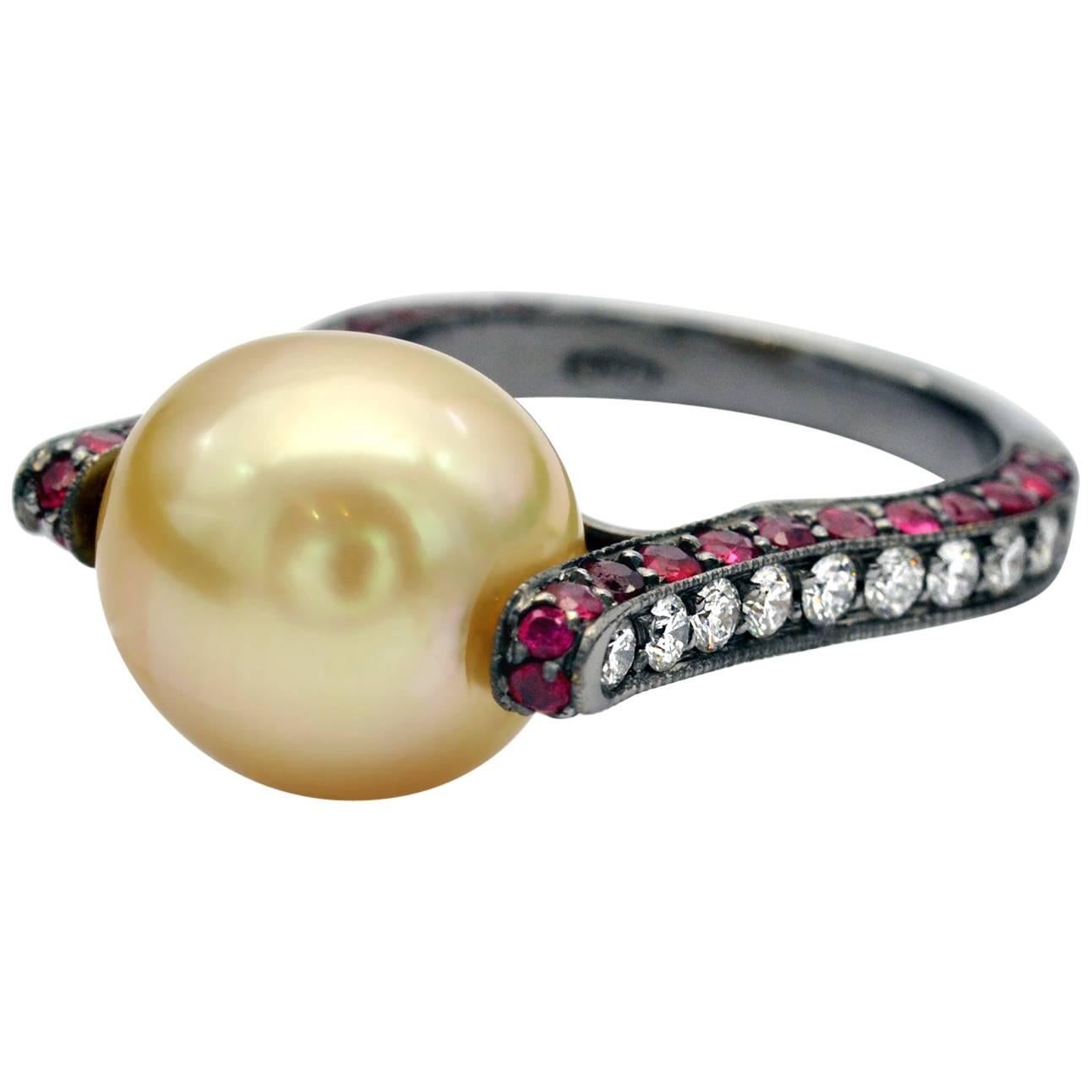 Modernist Golden South Sea Pearl Ruby and Diamond Ring For Sale