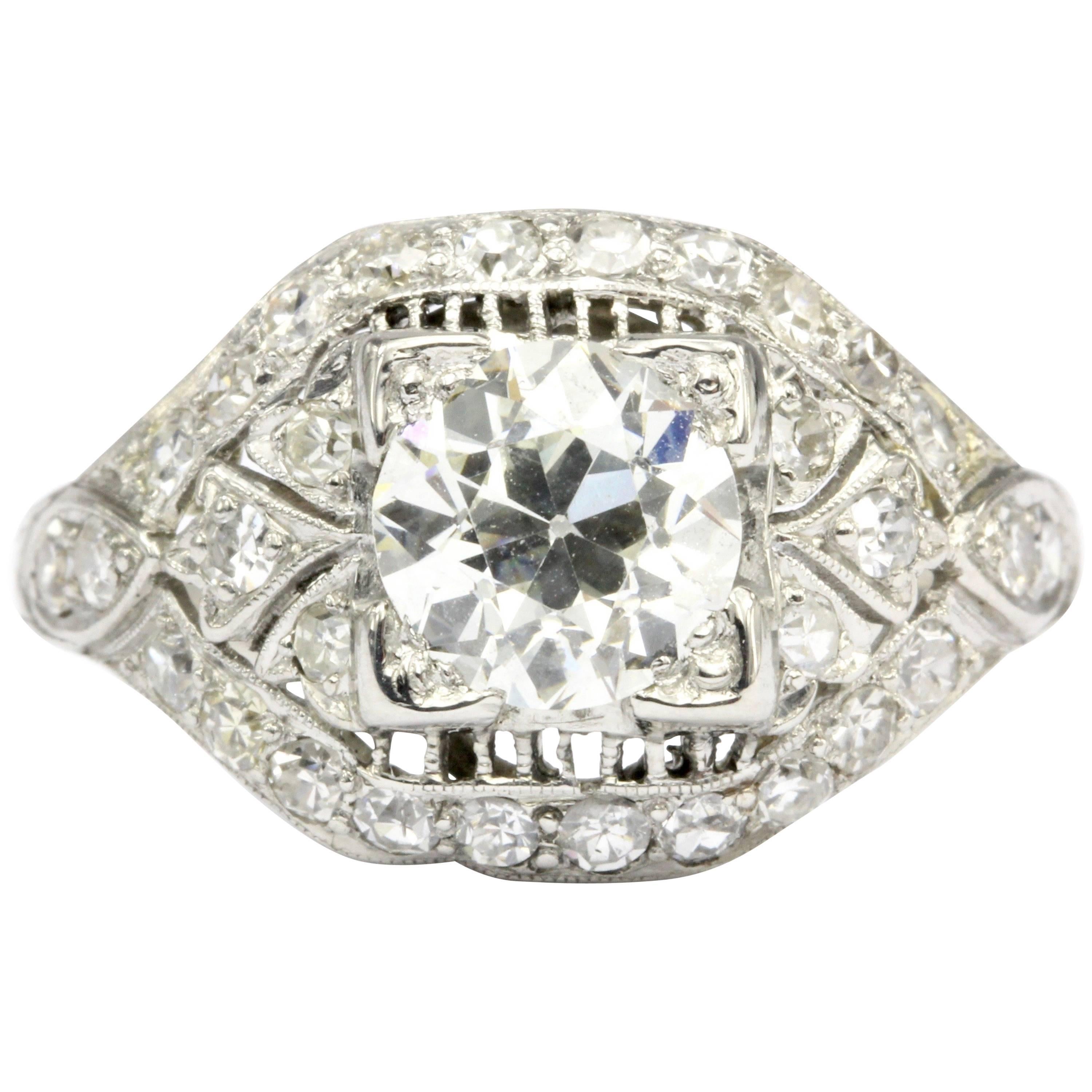 Art Deco Platinum Old European Cut Filigree Engagement Ring, circa 1920s