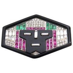 Unique French Diamond Emerald Ruby Onyx Platinum Face Pin Unique French Diamond Emerald Ruby Onyx Platinum Face Pin