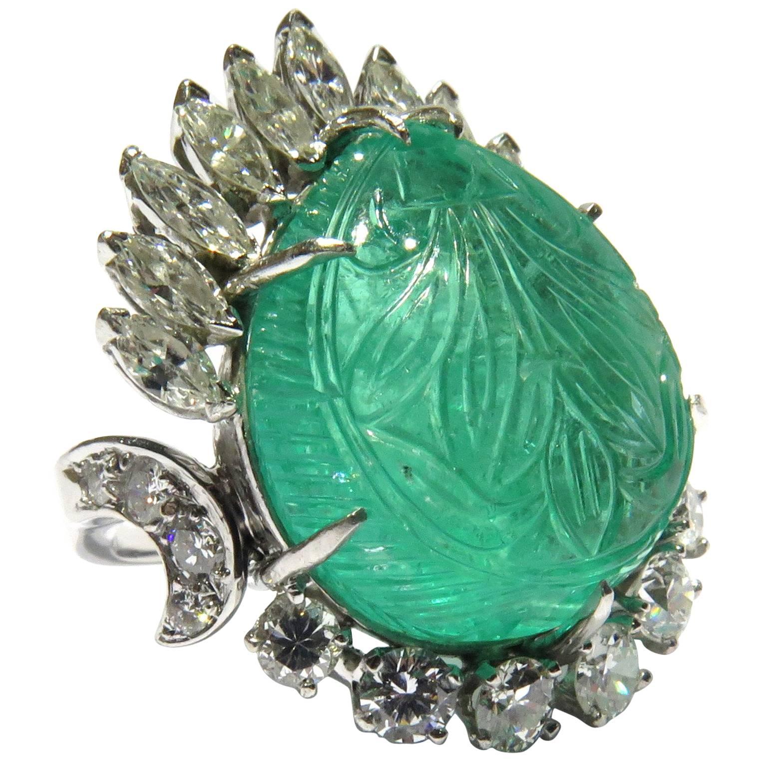Magnificent Large Carved Emerald Diamond Platinum Ring For Sale