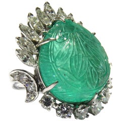 Magnificent Large Carved Emerald Diamond Platinum Ring
