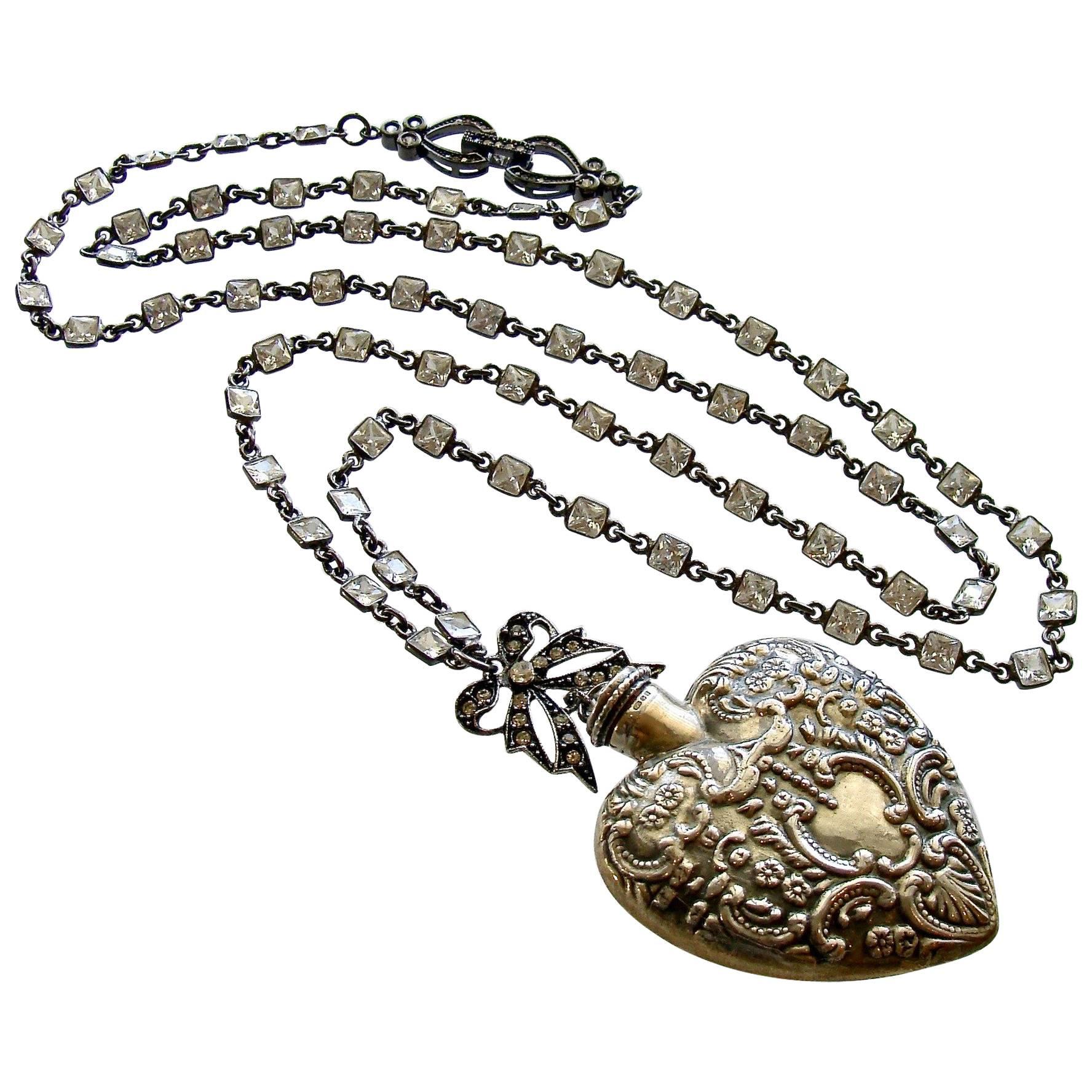 Sterling Silver Repousse Chatelaine Heart Scent Bottle Necklace