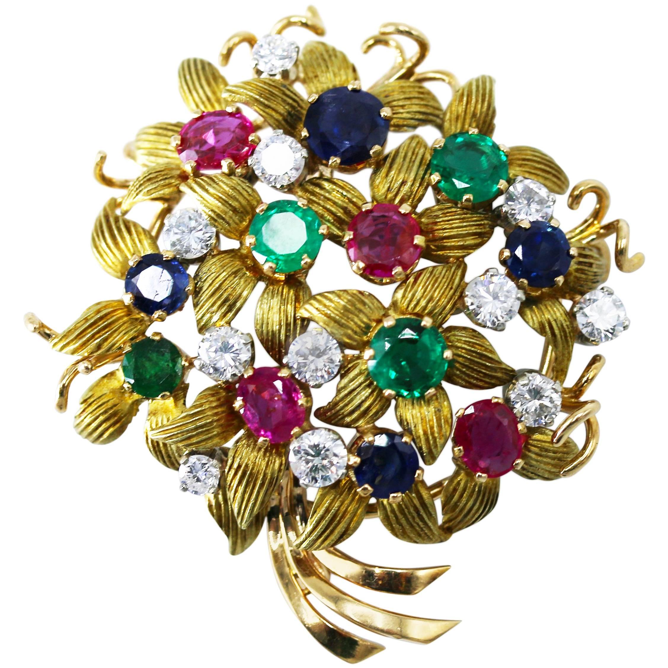 Sapphire, Emerald, Ruby and Diamond Bouquet Brooch