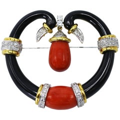 Onyx Coral Diamond Brooch