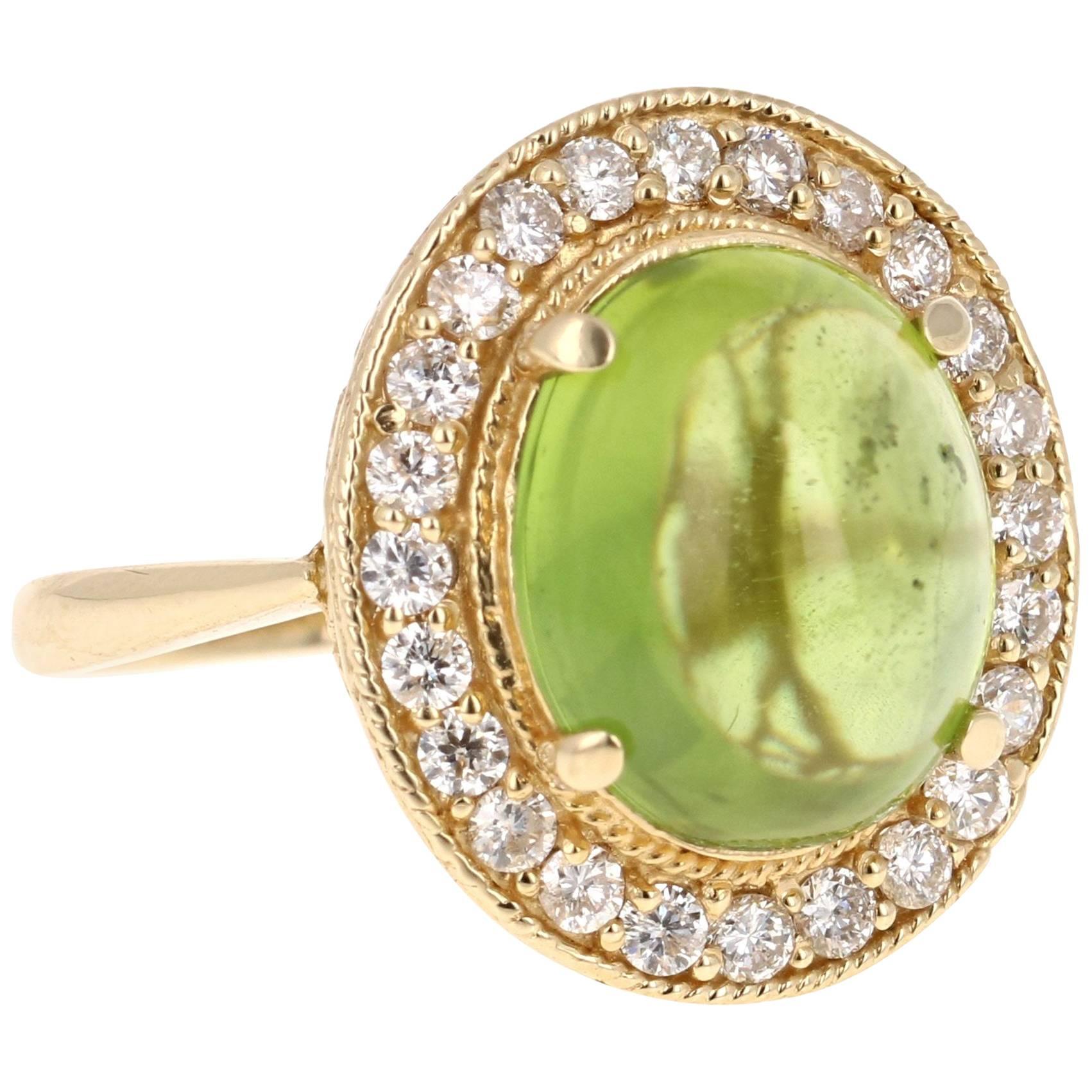 7.81 Carat Peridot Diamond Ring Cabochon Cut