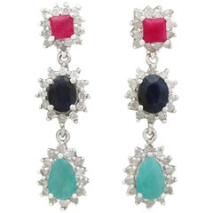 1990s Ruby, Sapphire, Emerald and Diamond, 18K White Gold Drop Earrings