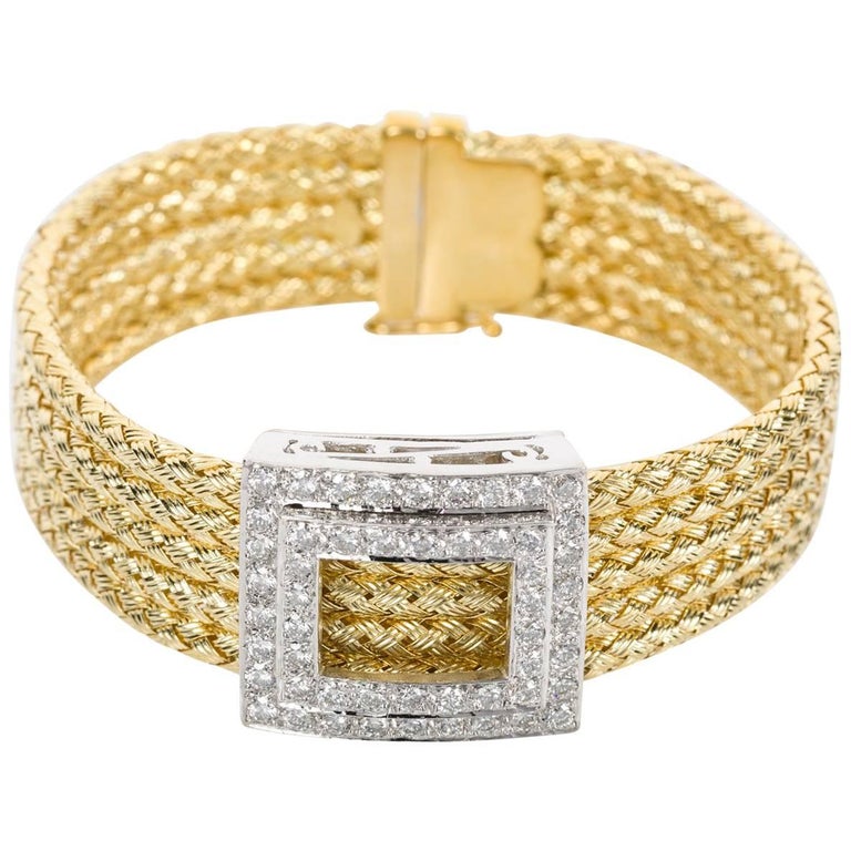 Italian 18k Yellow Gold and Diamond Five Strand Woven Bracelet For Sale