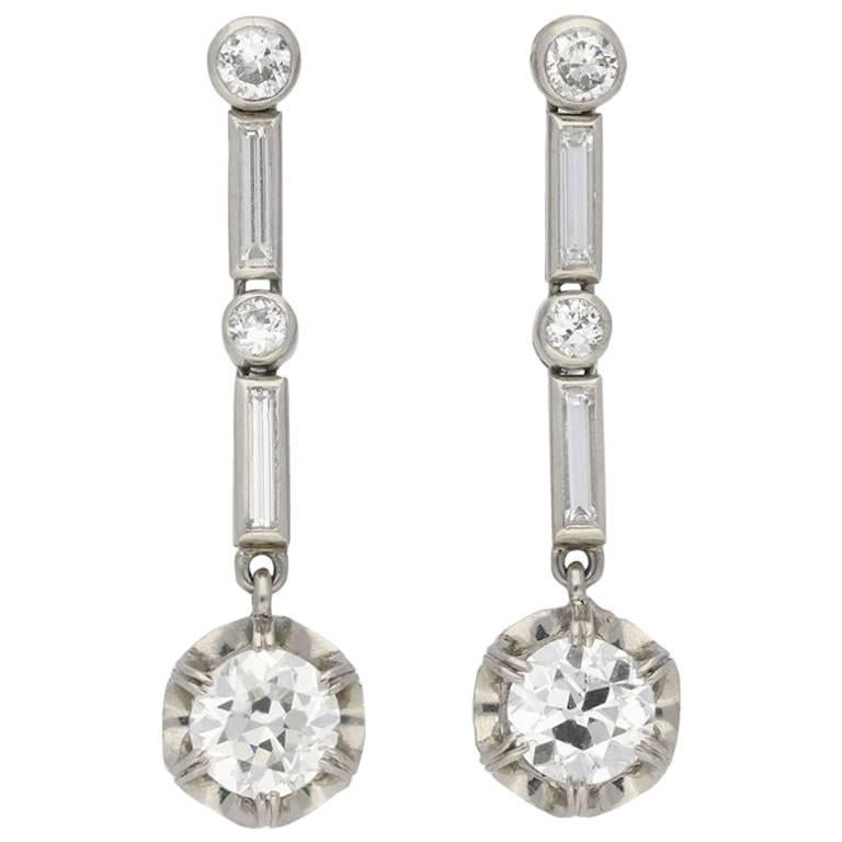Art Deco Diamond Drop Earrings, circa 1930 For Sale