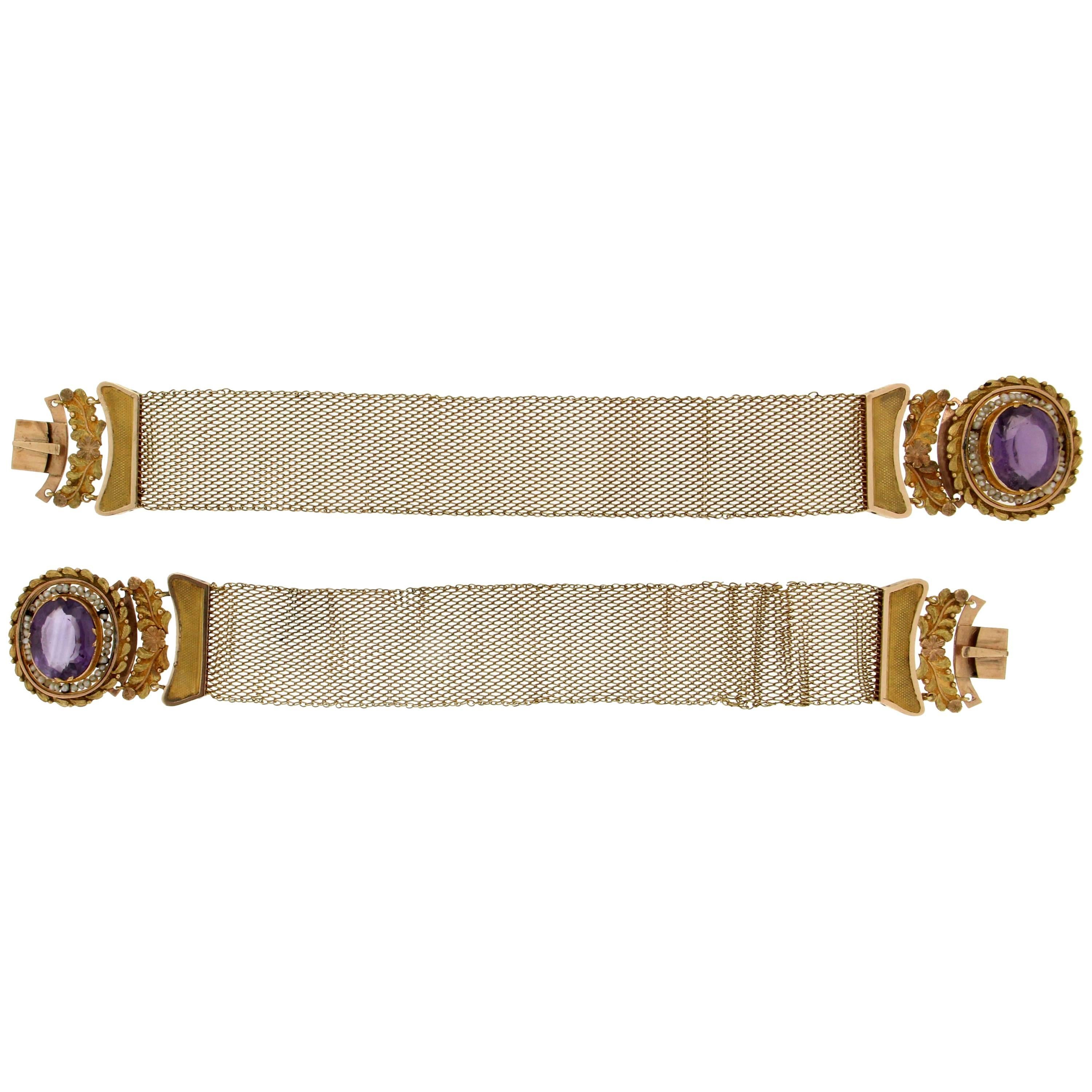 Vintage Gold Amethyst Cuff Bracelet Set 