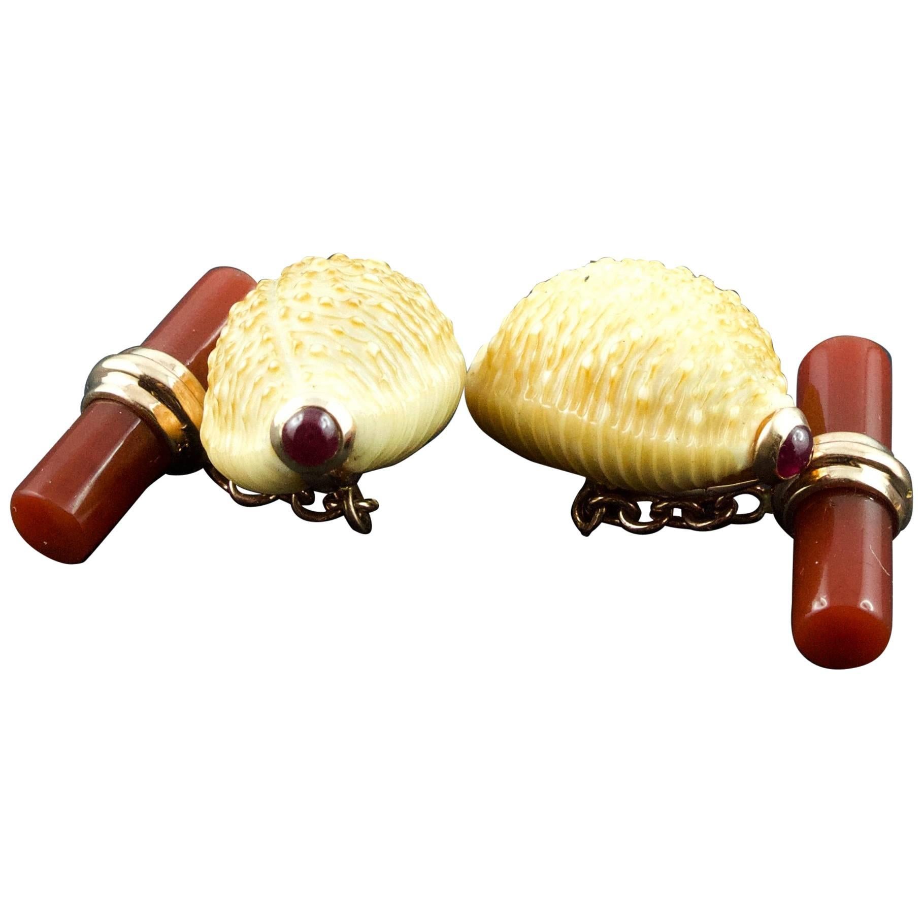 Natural Shell Gold Cufflinks in Carnelian and Rubies