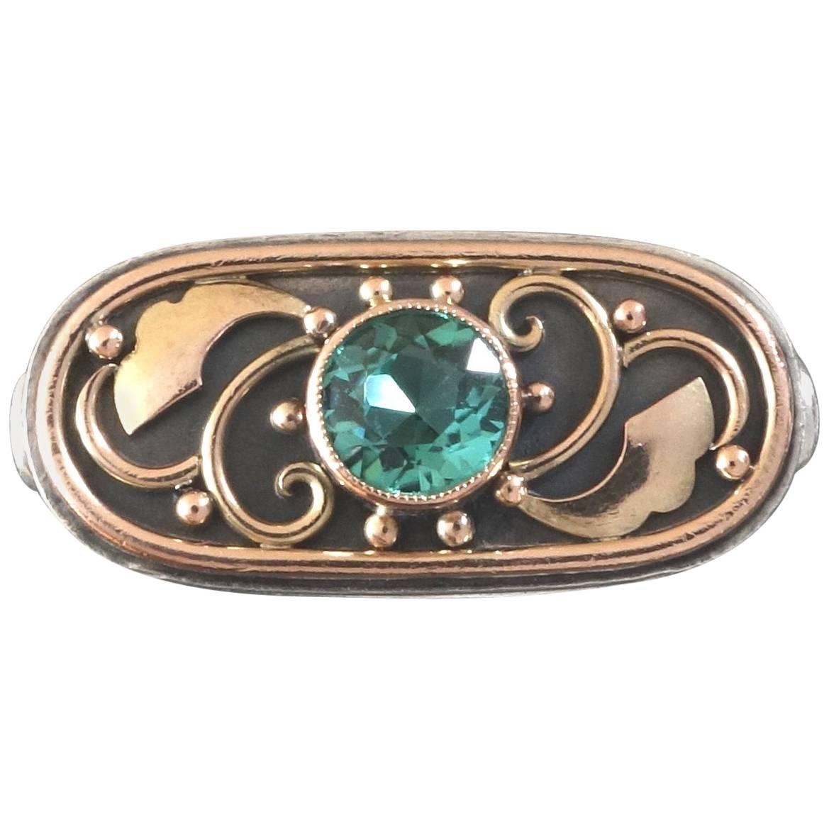 Unique 1920s 1930s Art Deco Tourmaline Rose Gold Silver Vermeil Cocktail Ring
