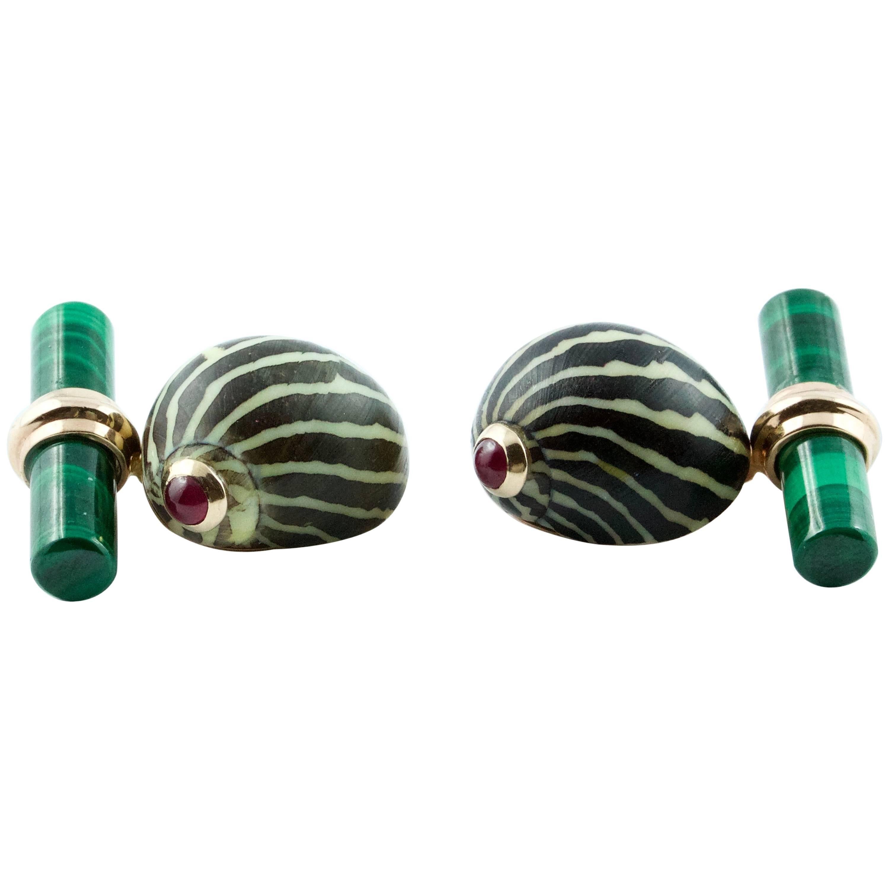 Natural Shell Gold Cufflinks with Ruby and Malachite