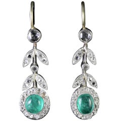 Antique Victorian Rose Cut Diamond Cabochon Emerald Dangle Earrings 18 Carat