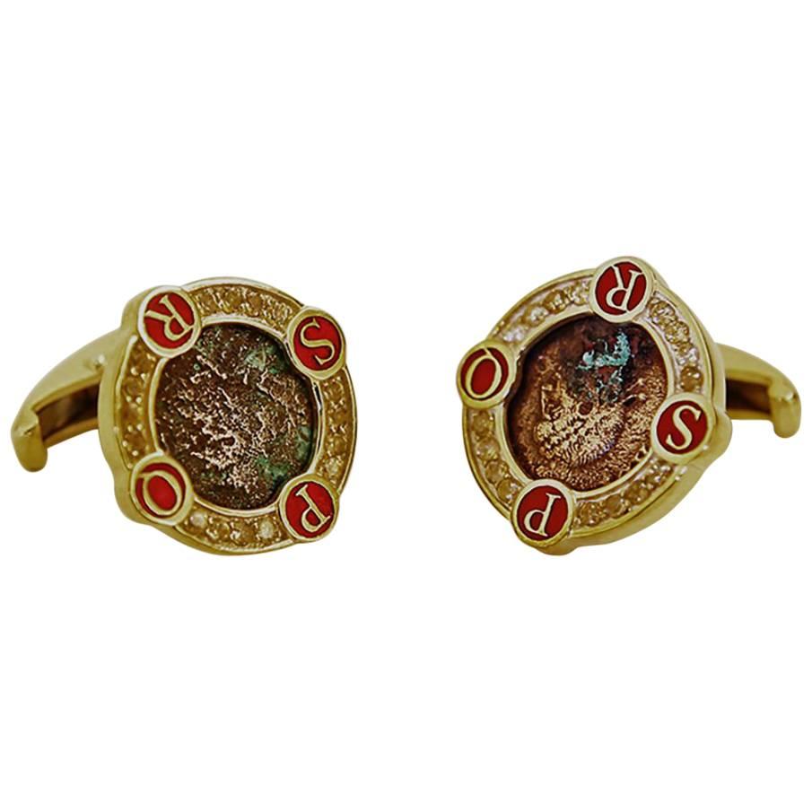 Antique Coins Citrines Enamel Silver Roman Cufflinks For Sale