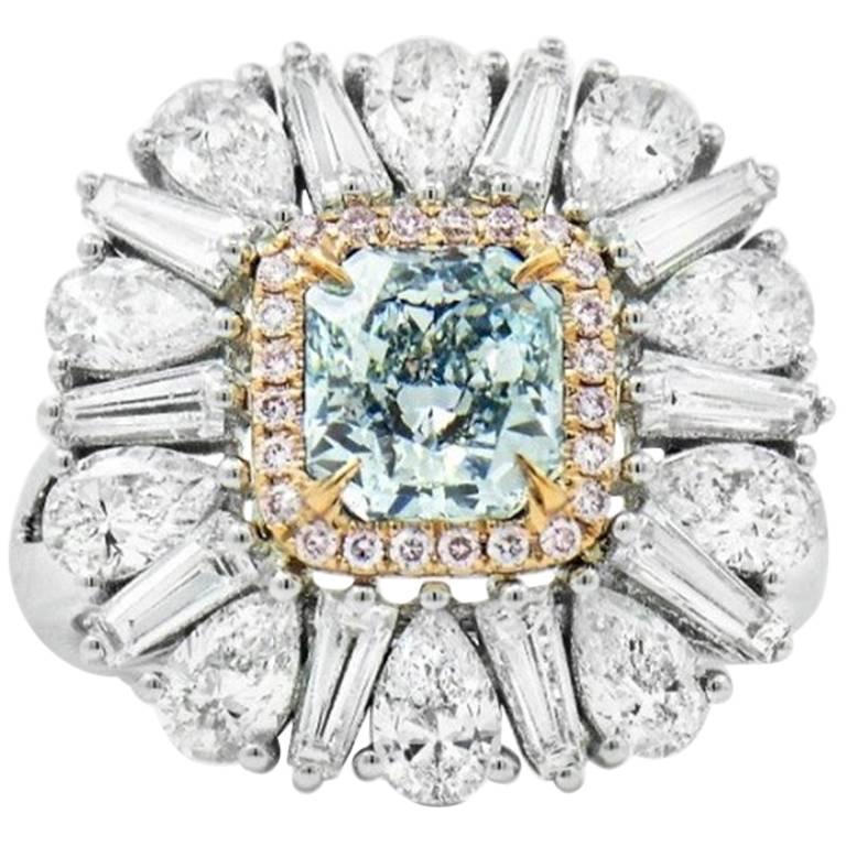GIA Certified White Gold Fancy Greenish Blue 1.52 ct Diamond & 2.74 ct Ring 