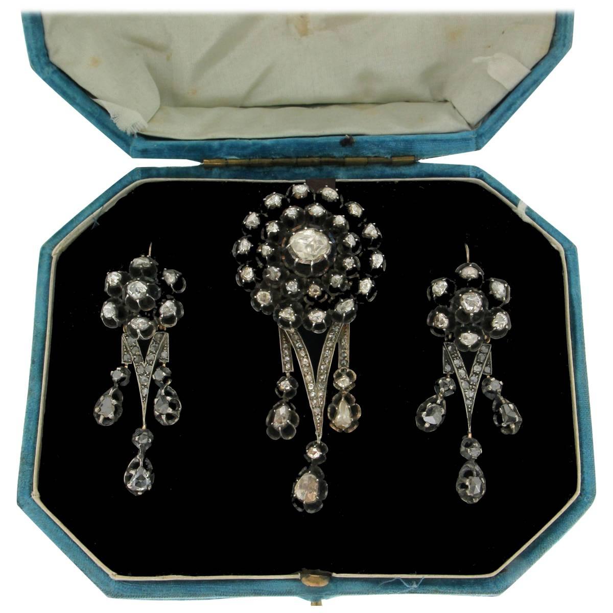 1800s Victorian Gold Diamonds Brooch Earrings Set