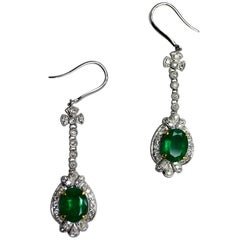 Emerald Diamond Art Deco 18 Karat Gold French Hook Drop Earrings