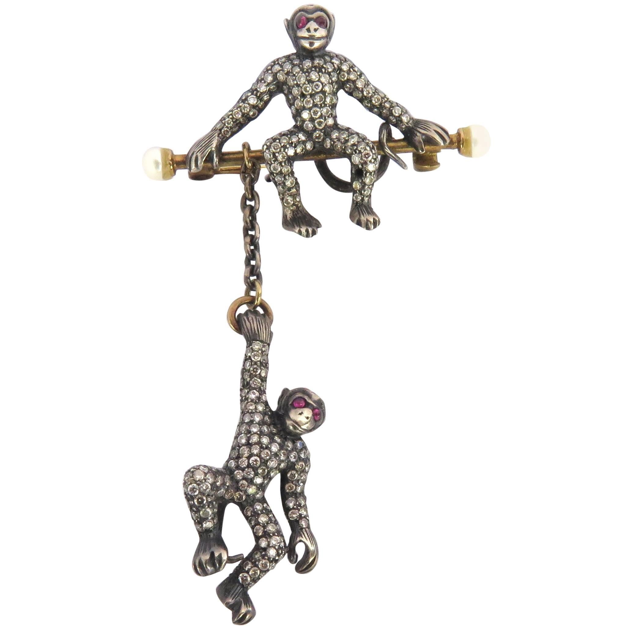 Large Movable Two Monkeys Diamond Ruby Pearl Gold Silver Pin