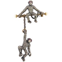 Vintage Large Movable Two Monkeys Diamond Ruby Pearl Gold Silver Pin