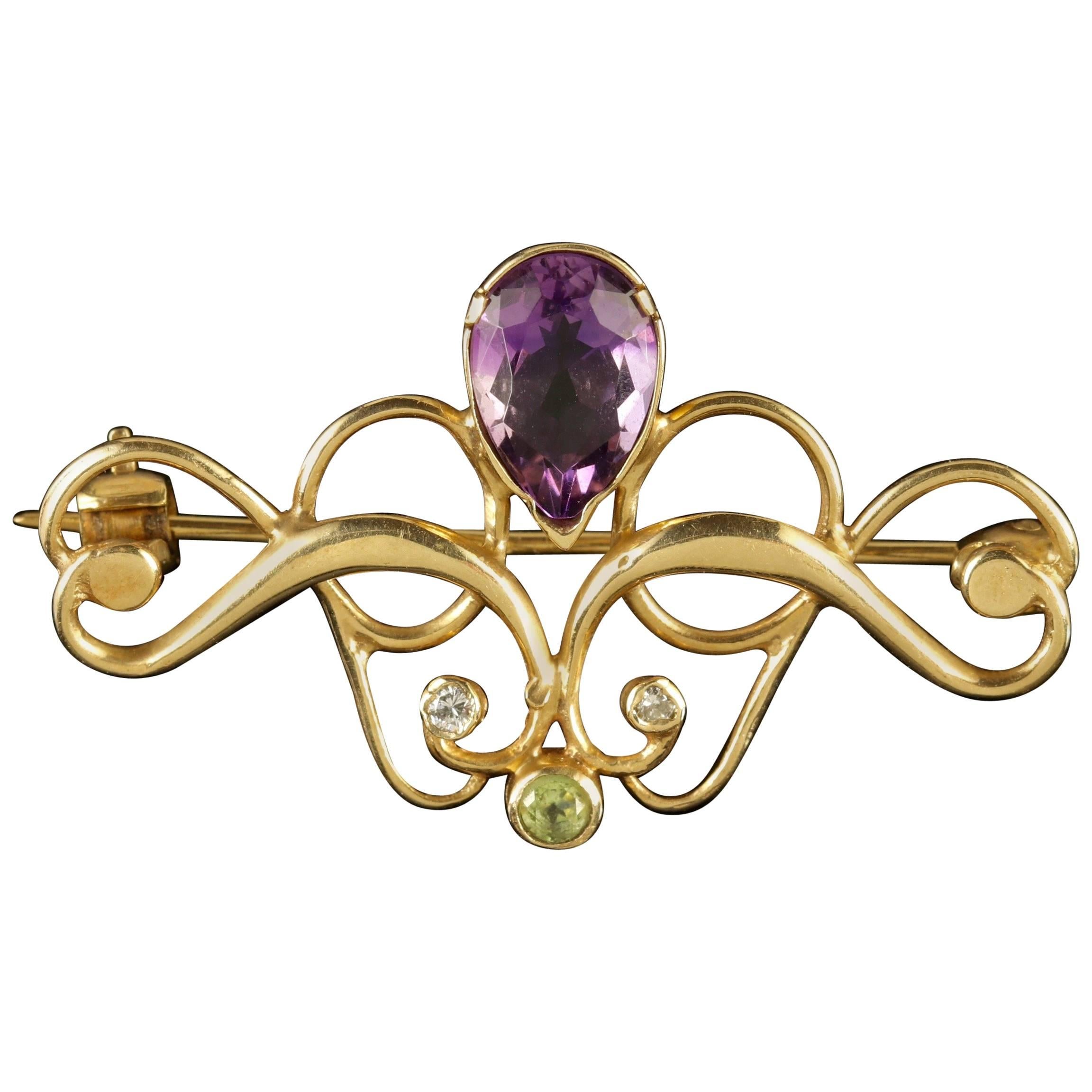 Antique Victorian 9ct Gold Amethyst Suffragette Brooch Circa 1900