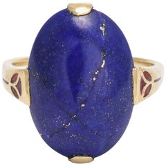 Art and Crafts Lapis Ring with Orange Enameled Roses